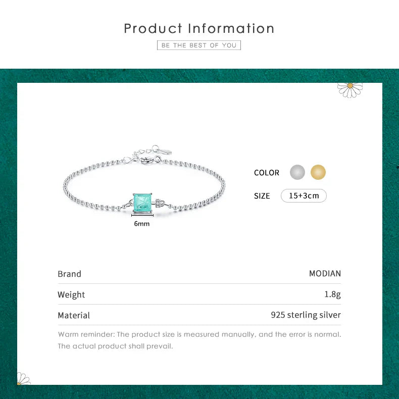 Modian 2021 New Real 925 Sterling Silver Luxury Square Tourmaline Beads Chain Bracelet For Women Paraiba Fine Statement Jewelry