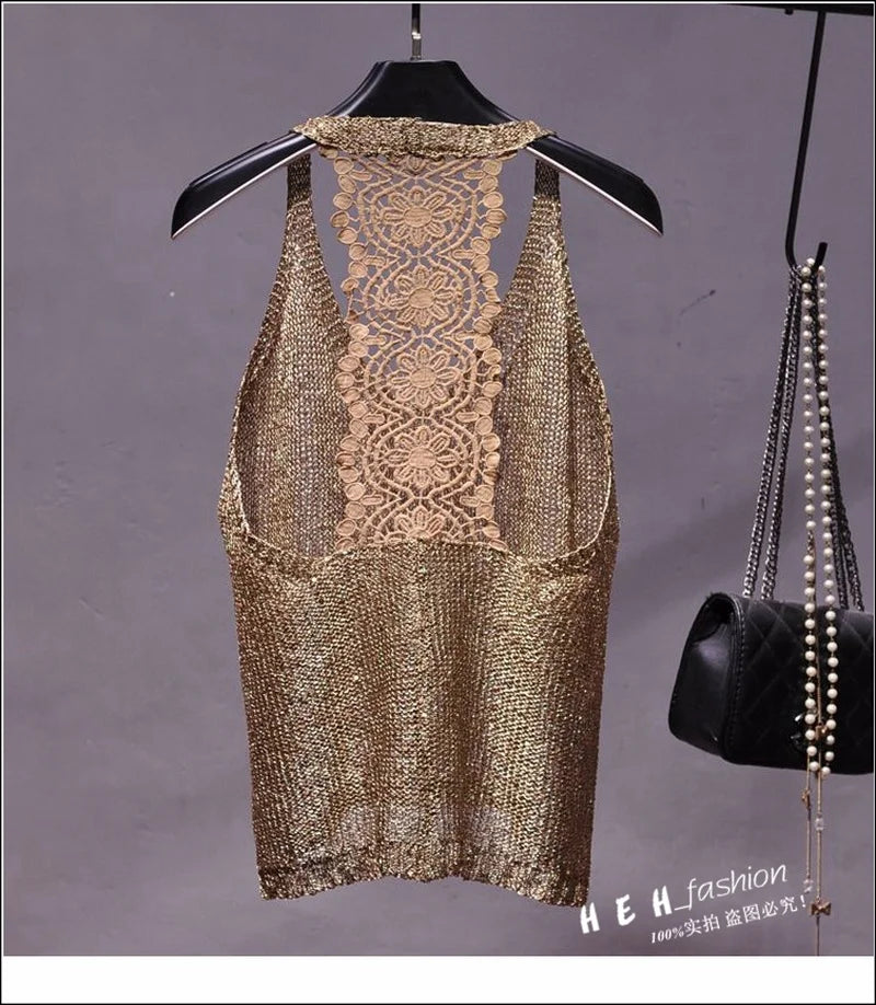 Yan Li  Sexy Shoulders and Heart Leakage Hang Sequined Jacket Neck Lace Knitting Wear Outside Hang Back  Sleeveless Top Women