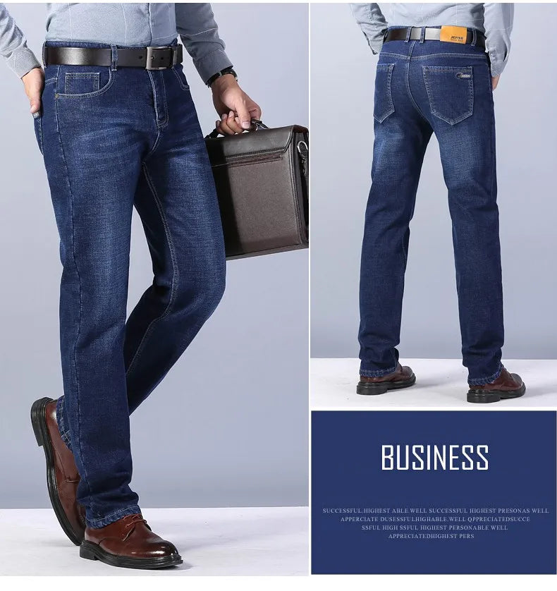 Winter New Men's Warm Blue Black Slim Jeans Classic Style Stretch Slim Fit Thick Pants Fashion Trousers Male Brand