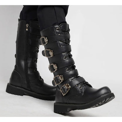 Men's PU Leather Motorcycle Boots High Over the Knee  Boots Gothic Belt Punk Boots Men Shoes Boot