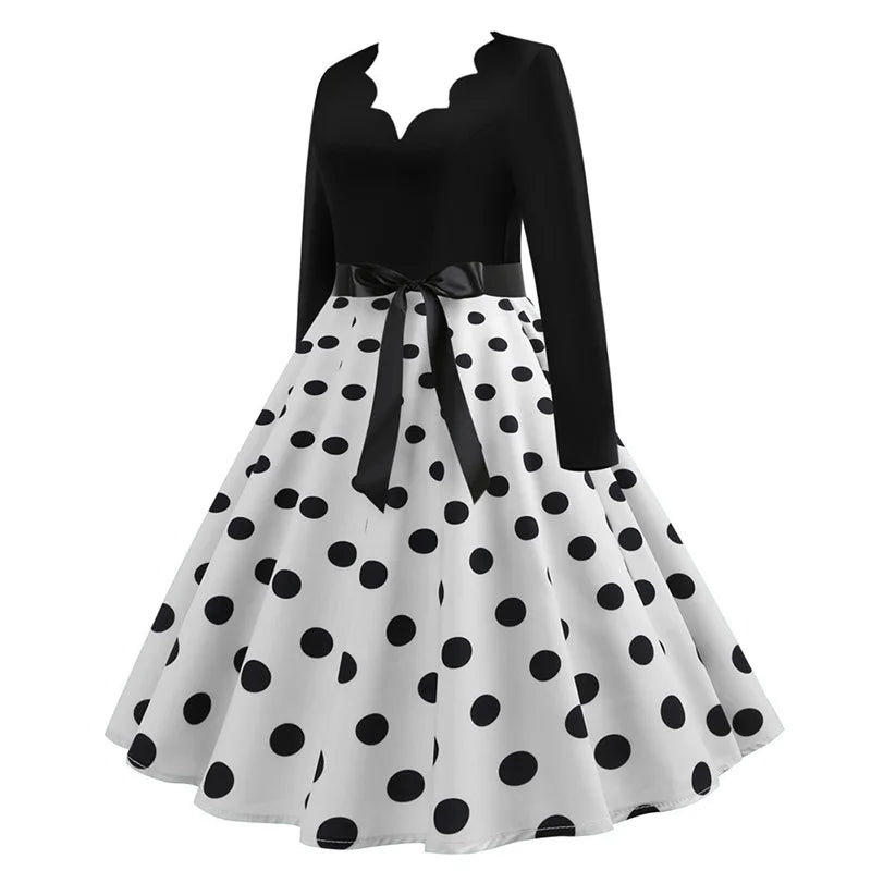 Women Vintage Long Sleeve Polka Dot Dress Spring Autumn New Year Party Dresses 3XL Black Vestidos