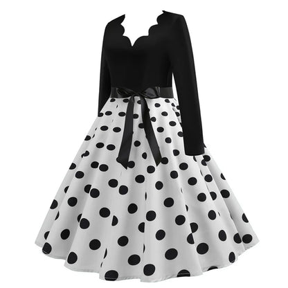 Women Vintage Long Sleeve Polka Dot Dress Spring Autumn New Year Party Dresses 3XL Black Vestidos