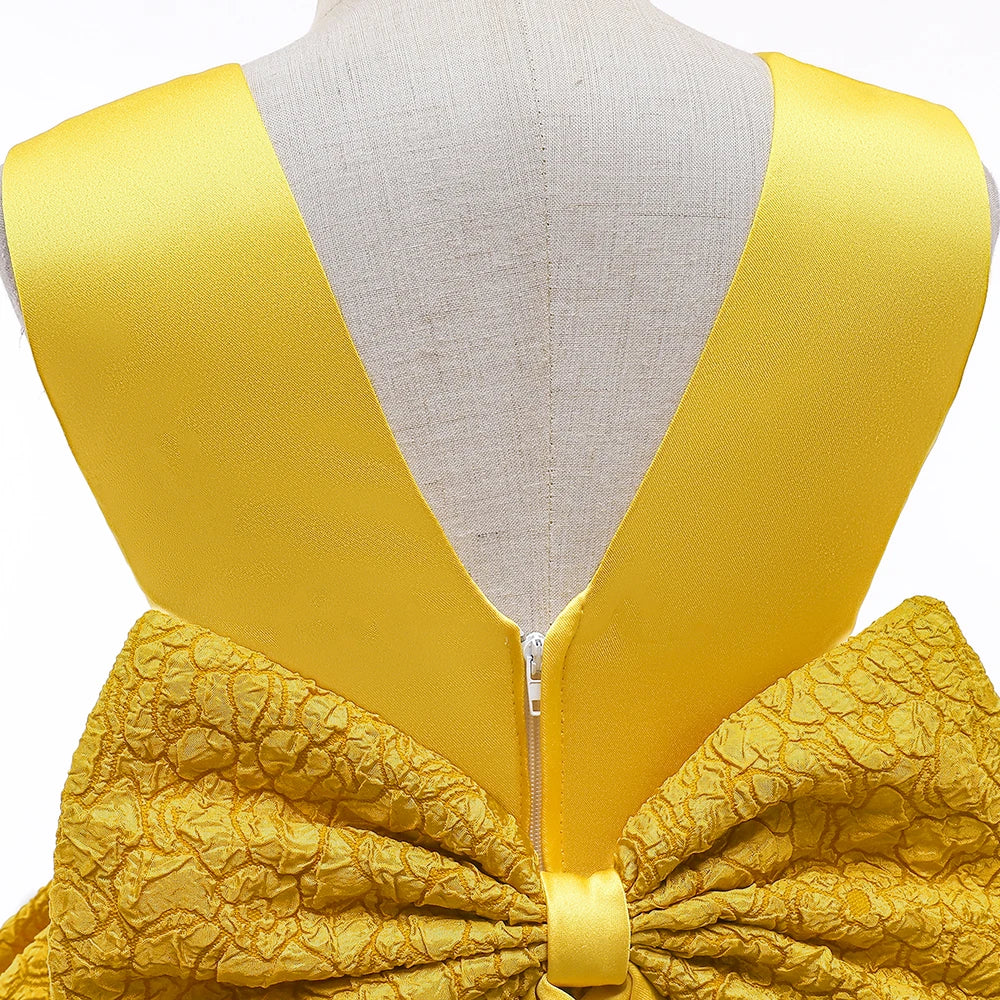 Vestido de festa infantil dourado de verão com laço para meninas Fantasia infantil elegante Flor Casamento Aniversário Vestidos de princesa Roupa de noite para meninas