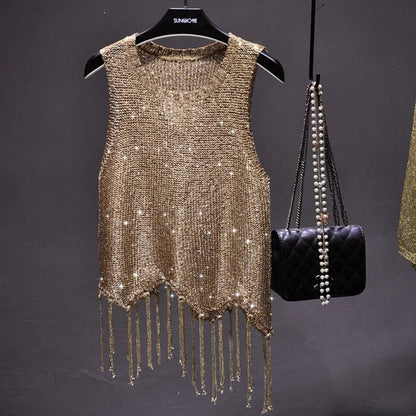 Sexy Shiny Gold Silver Knitted Tank Tops Women Bling Bling Sequined Tassels Knitted Vest  All Neon Store Clothes  Korean