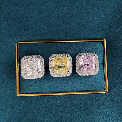100% 925 Sterling Silver 7*7mm Pink Yellow High Carbon Diamond Stud Earrings For Women Sparkling Wedding Fine Jewelry Gift