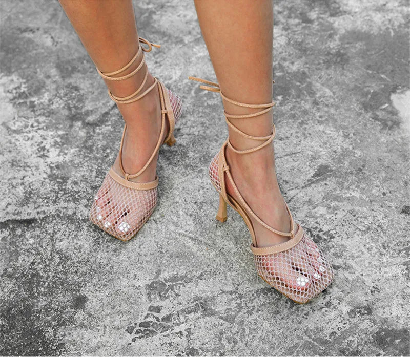 Fashion Hollow Breathable Mesh Square Toe Stiletto High Heels Women Pumps Ankle Lace-Up Elegant Dress Ladies Shoes
