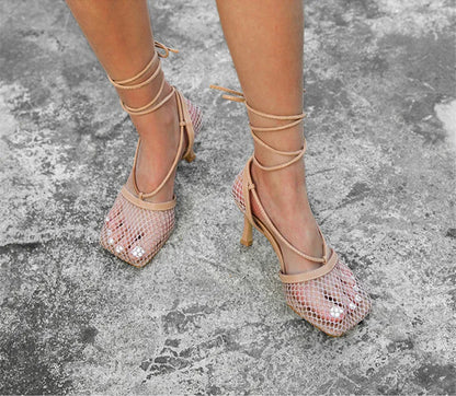 Fashion Hollow Breathable Mesh Square Toe Stiletto High Heels Women Pumps Ankle Lace-Up Elegant Dress Ladies Shoes