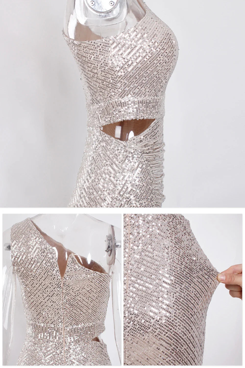 Vestido de Festa de Um Ombro Plissado Vazado com Fenda e Lantejoulas Sem Mangas para Mulheres Vestidos de Noite de Baile Verão 2025