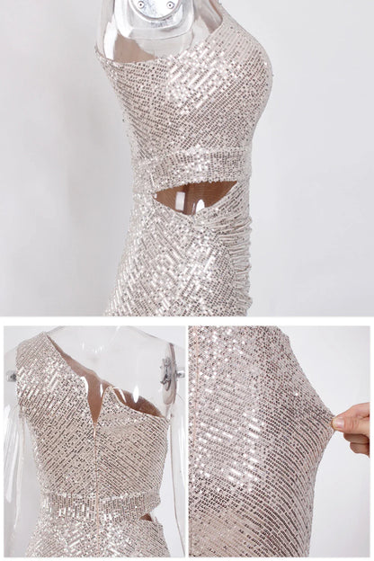 Silver One Shoulder Hollow Out Sequin Cocktail Dress Luxury Pleated Slit Padded Sleeveless Women Party Evening Dresses