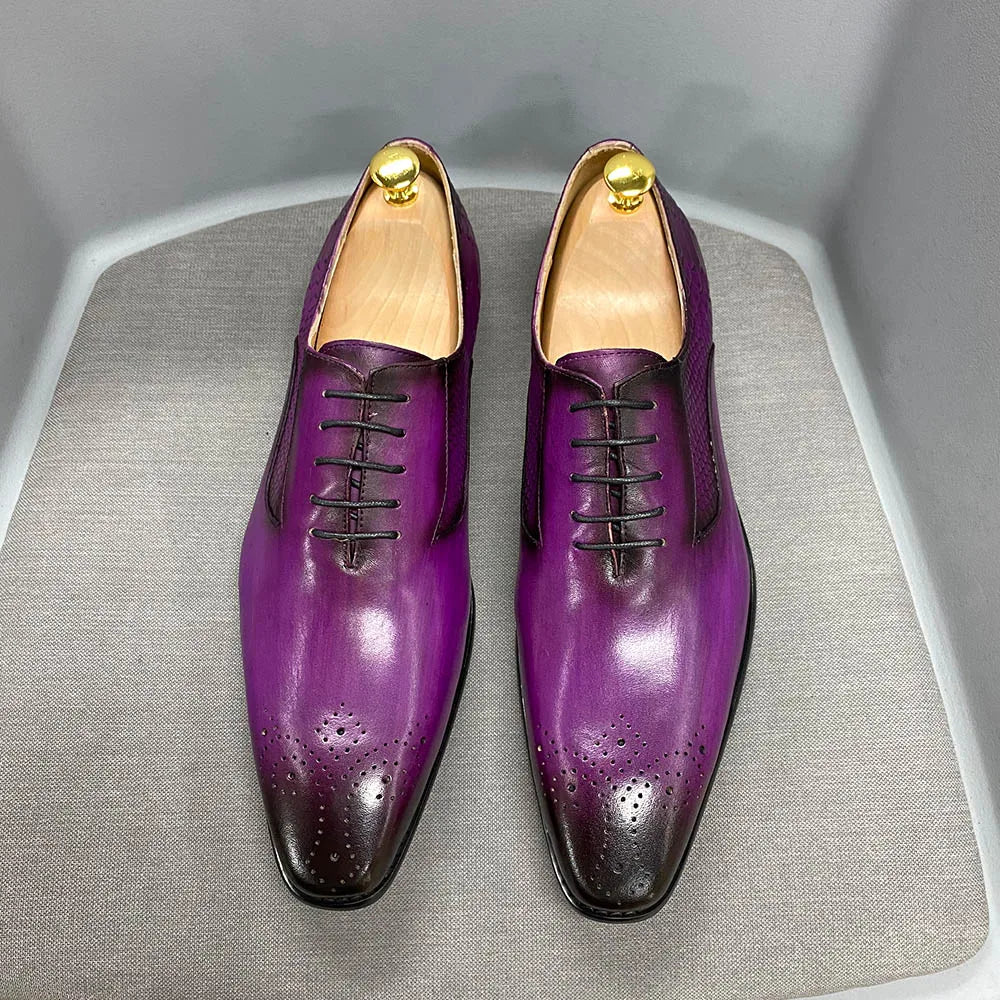 Luxury Men's Genuine Leather Oxford Shoes Snake Skin Print Black/Purple Lace-Up Square Toe Formal Dress Shoes