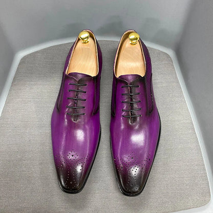 Luxury Men's Genuine Leather Oxford Shoes Snake Skin Print Black/Purple Lace-Up Square Toe Formal Dress Shoes