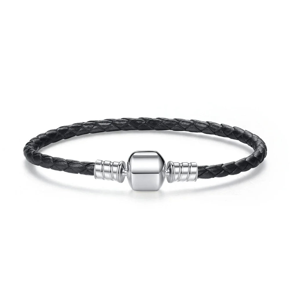 Genuine Long Double Pink Black Braided Leather Chain Women Bracelets with 925 Sterling Silver Snake Clasp PAS908