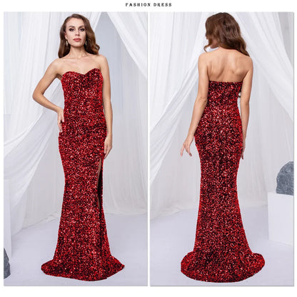 Luxury Sequin Strapless Evening Party Dresses Stretch Velvet Sexy Slit Leg Padded Long Cocktail Prom Dress Wedding Gown