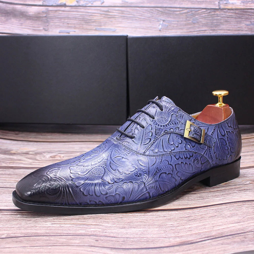 2022 Classic Men Oxford Dress Shoes Real Leather Flower Print Cap Toe Lace Up Buckle Blue Wedding Party Formal Footwear for Men