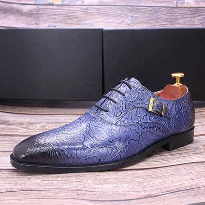 2022 Classic Men Oxford Dress Shoes Real Leather Flower Print Cap Toe Lace Up Buckle Blue Wedding Party Formal Footwear for Men