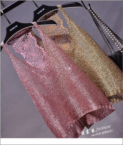Yan Li  Sexy Shoulders and Heart Leakage Hang Sequined Jacket Neck Lace Knitting Wear Outside Hang Back  Sleeveless Top Women