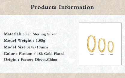 6MM 8MM 10MM 3pcs/set Glossy Round Huggie Piercing Earrings 925 Sterling Silver Cartilage Women Hoop Earing Fine Jewelry
