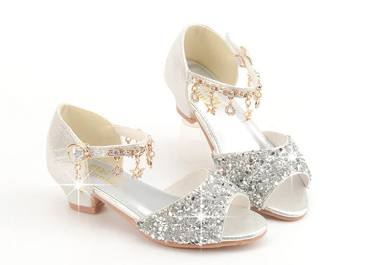 Girls Sandals Children Crystal Shoes 2023 Summer Kids Glitter Shoes High Heels Sequined Rhinestone Pendants Open Toes Princess