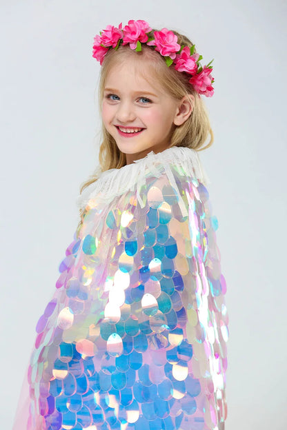 Novo Pequena Sereia Princesa Meninas Lantejoulas Capa Manto para Roupas de Festa na Praia Crianças Xale Arco-íris Cosplay Roupa de Natal