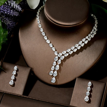 Clear Best Quality Brilliant Crystal Zircoina Earrings And Necklace Bridal Jewelry Set Wedding Dress Accessories N-1453