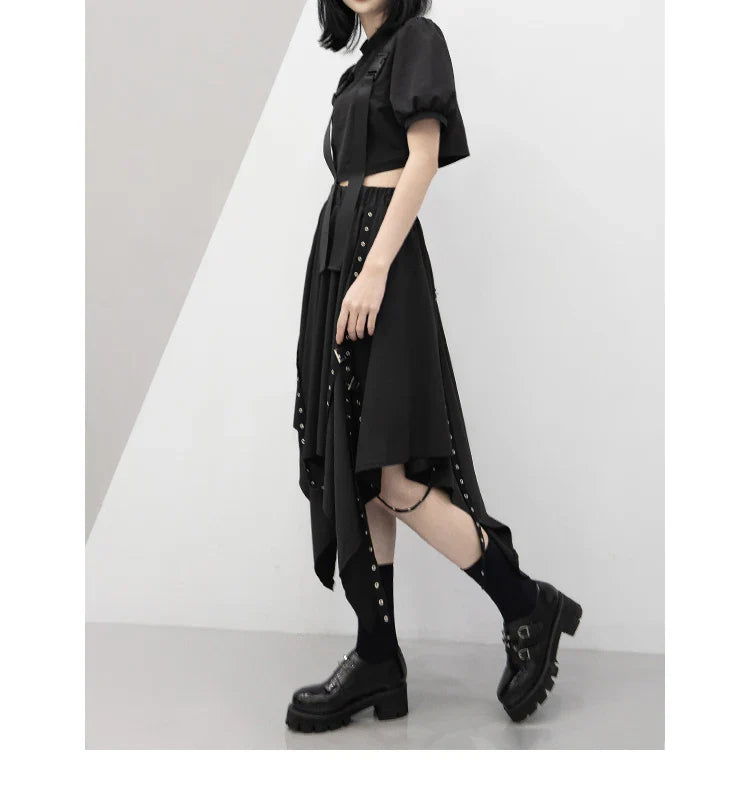Irregular Skirt Girl's New Dark Tie Street Punk Wind Weave Buckle Medium-length Y2k Gothic Long Skirt