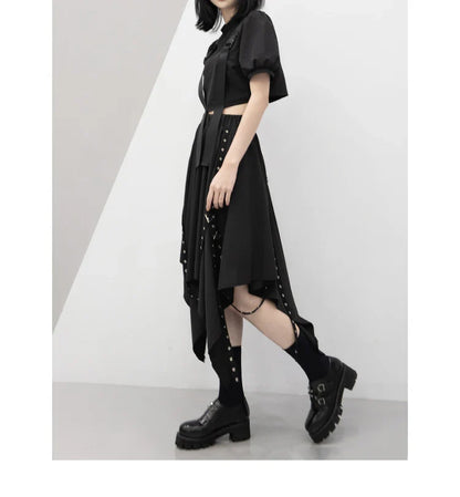 Irregular Skirt Girl's New Dark Tie Street Punk Wind Weave Buckle Medium-length Y2k Gothic Long Skirt