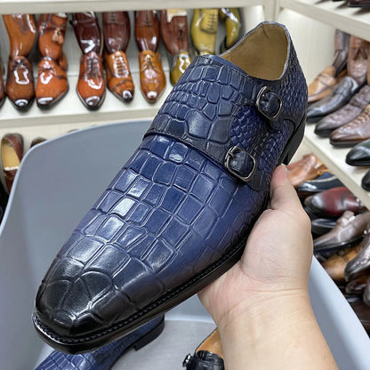 Men's Luxury Italian Real Leather Pointed Toe Double Buckle Formal Business Black Shoes Alligator Print for Business Casual Wear