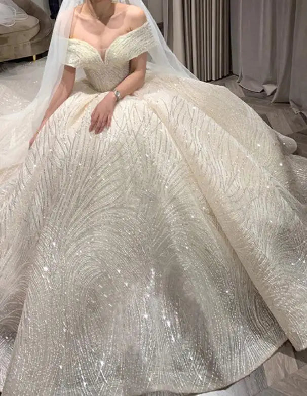 Wedding Dress Shiny Wedding Dress Classic Boat Neck Bridal Party Gown Vestido De Noiva Robe De Mariee Customized
