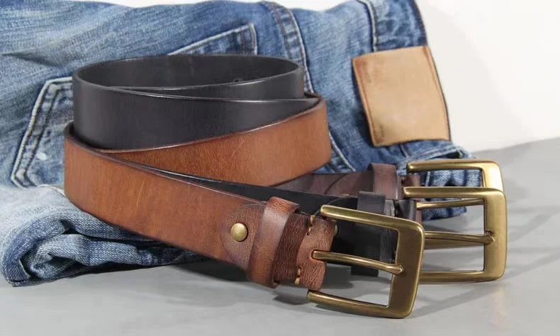 Luxury Handmade Leather Copper Buckle Man's Belt Cinturon Gotico Cowhide Retro All-match Casual Jeans Soft Belt ABC