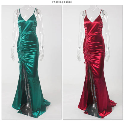 Vestido de Noite Longo Sereia Esmeralda Verde com Cordão Drapeado, Decote V, Fenda e Cetim Elástico para Festa de Casamento Madrinha