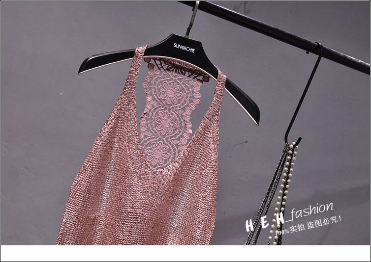 Yan Li  Sexy Shoulders and Heart Leakage Hang Sequined Jacket Neck Lace Knitting Wear Outside Hang Back  Sleeveless Top Women