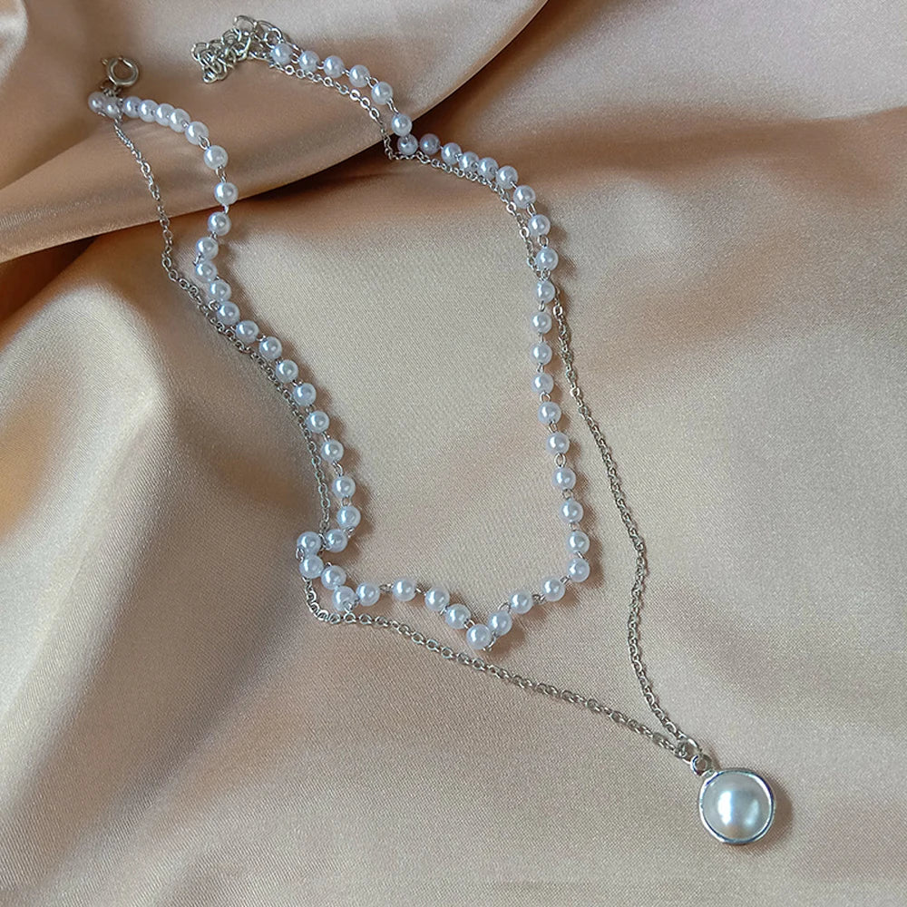 Fashion Kpop Pearl Choker Necklace Cute Double Layer Chain Pendant For Women Jewelry Girl Gift