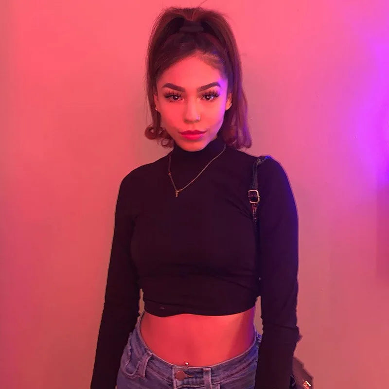 blusa feminina de algodão vazada sexy, tops de manga longa sem costas com atadura, Harajuku, justa, streetwear, camisetas de malha