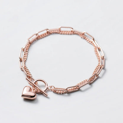 100% 925 Sterling Silver Sweet Hearts Chain Link Two Layer Classic Basis Bracelet Bangle for Women Fashion Fine Jewelry