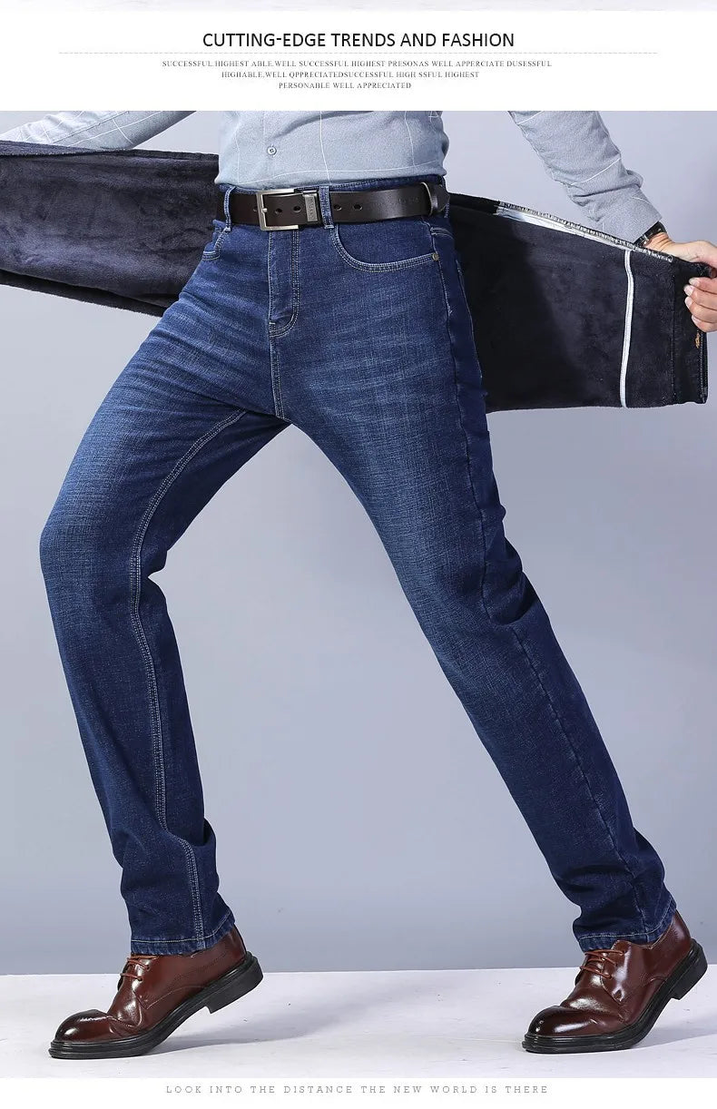 Winter New Men's Warm Blue Black Slim Jeans Classic Style Stretch Slim Fit Thick Pants Fashion Trousers Male Brand
