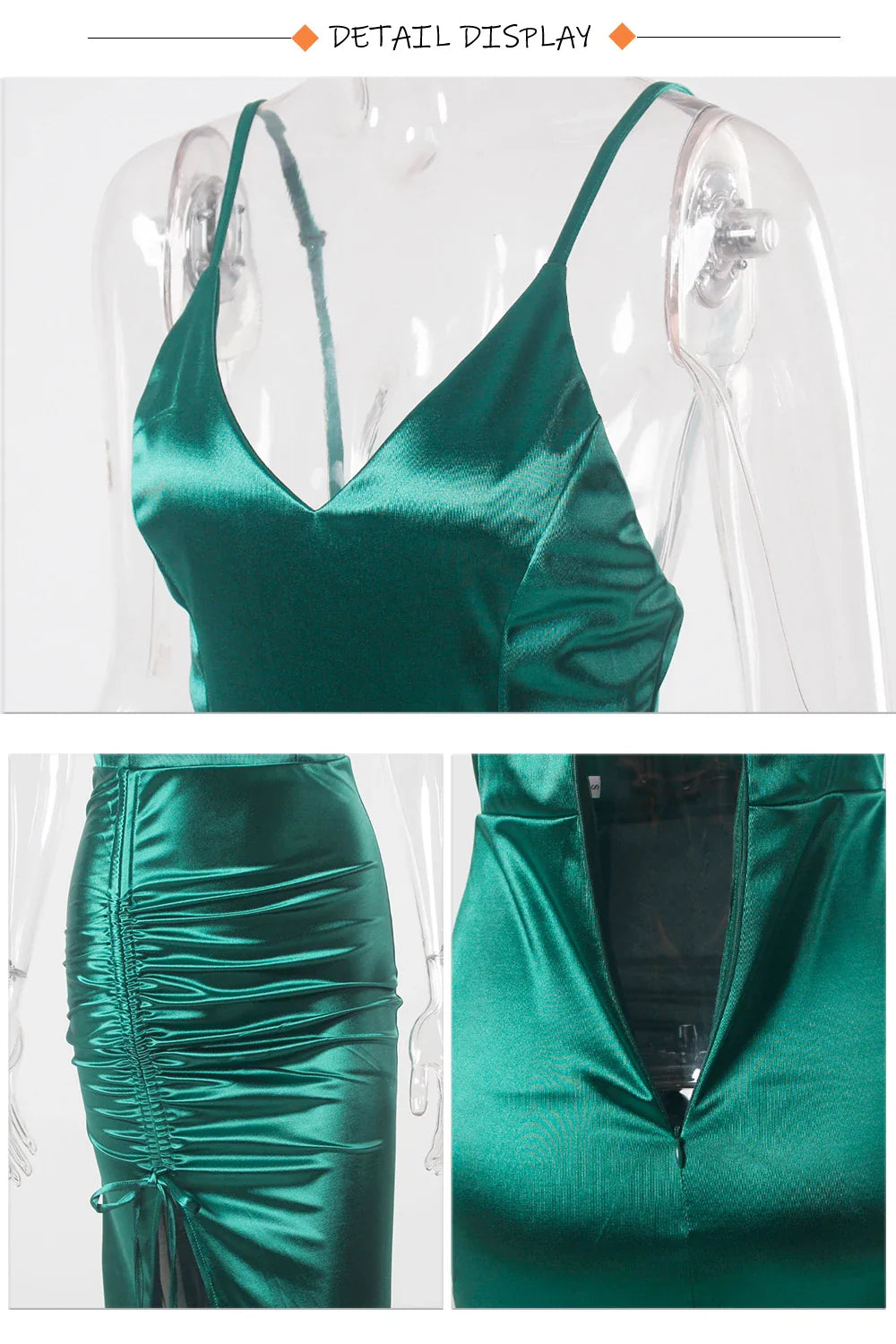 Vestido de Noite Longo Sereia Esmeralda Verde com Cordão Drapeado, Decote V, Fenda e Cetim Elástico para Festa de Casamento Madrinha