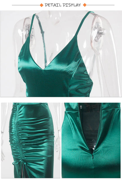 Vestido de Noite Longo Sereia Esmeralda Verde com Cordão Drapeado, Decote V, Fenda e Cetim Elástico para Festa de Casamento Madrinha