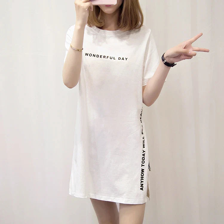 WONDERFUL DAY Print Long T shirts Summer Women Loose Slit Femme Tops  Tshirt Short sleeve Ladies t-shirt