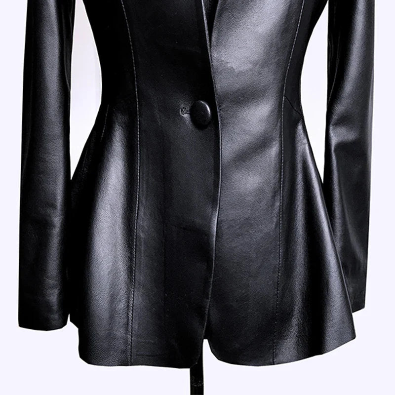 Lautaro Autumn Black Slim Soft Pu Leather Jacket Women Deep V Neck Long Puff Sleeve Elegant Luxury Skirted Blazer Fashion 2021