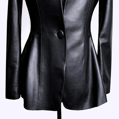 Lautaro Autumn Black Slim Soft Pu Leather Jacket Women Deep V Neck Long Puff Sleeve Elegant Luxury Skirted Blazer Fashion 2021
