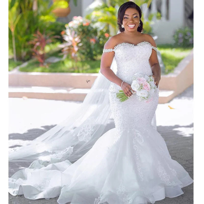 Customized Plus Size Crystal Off the Shoulder Mermaid Bridal Dresses Vintage Tulle Lace Appliques Country Africa Wedding Gowns
