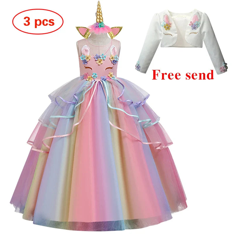Vestido Longo de Festa de Casamento Unicórnio Arco-Íris para Menina Vestido de Performance de Dança de Personagem de Unicórnio para Festa de Aniversário de Menina Conjunto de Três Peças