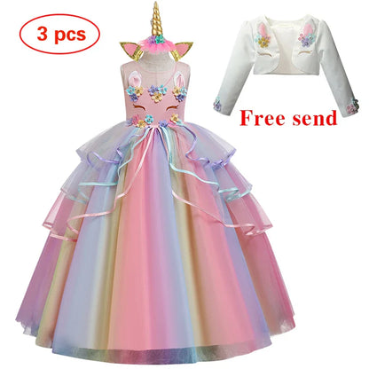 Vestido Longo de Festa de Casamento Unicórnio Arco-Íris para Menina Vestido de Performance de Dança de Personagem de Unicórnio para Festa de Aniversário de Menina Conjunto de Três Peças