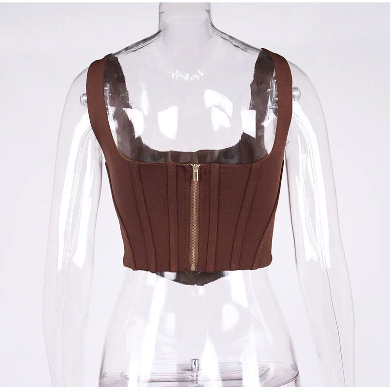 NewAsia Boning Corset Top Zipper 2Layer Elastic Solid Color Square Neck Slim Fit Bustier Women Summer Crop Tank Top Fashion Vest