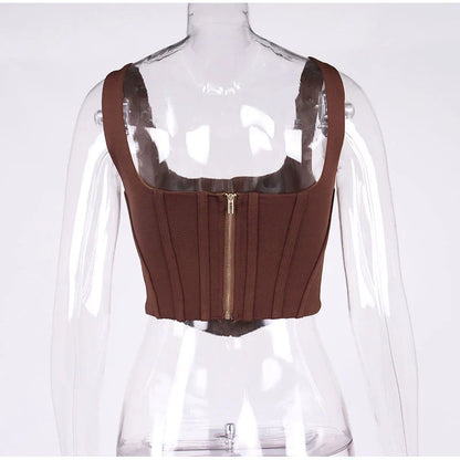 NewAsia Boning Corset Top Zipper 2Layer Elastic Solid Color Square Neck Slim Fit Bustier Women Summer Crop Tank Top Fashion Vest