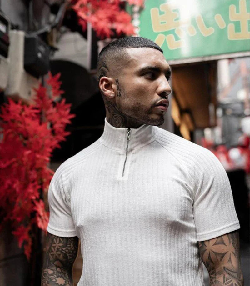 Gym Polo Shirt Men Fashion Turn Neck Short Sleeve Knitted Polos Sports Slim Fit Fitness Bodybuilding Workout Summer Clothing