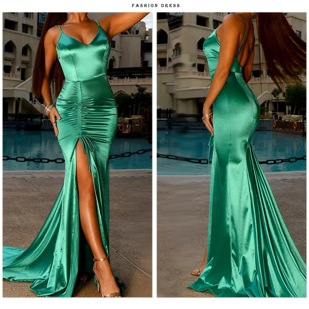 Vestido de Noite Longo Sereia Esmeralda Verde com Cordão Drapeado, Decote V, Fenda e Cetim Elástico para Festa de Casamento Madrinha