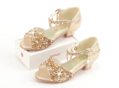 Girls Sandals Children Crystal Shoes 2023 Summer Kids Glitter Shoes High Heels Sequined Rhinestone Pendants Open Toes Princess