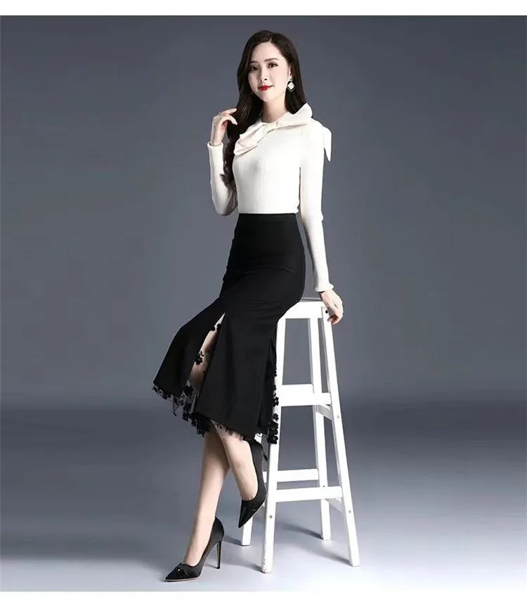 2026 Women Spring Summer Irregular Mesh Skirt Band Splice High Waist Skirt Knee Khaki Split Office Lady Skirt
