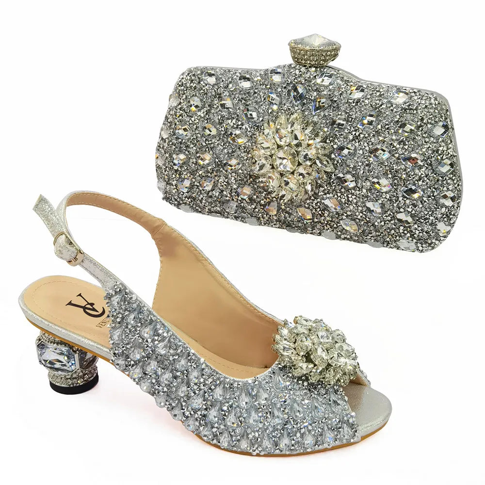Silver Color Nigerian Women's Shoes and Bags Party  African Fashion Shoes and Bags Wedding Shoes and Bags